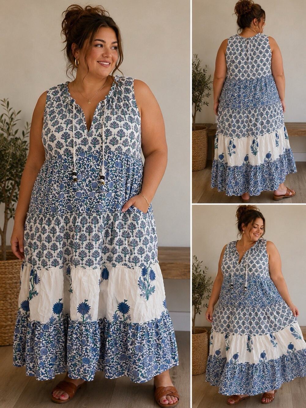 Chelsea & Theodore Blue and White Tiered Maxi Dress